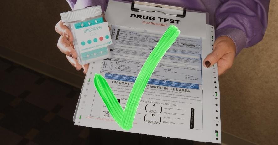 woman holding drug test clipboard with specimen cup and green check mark over it