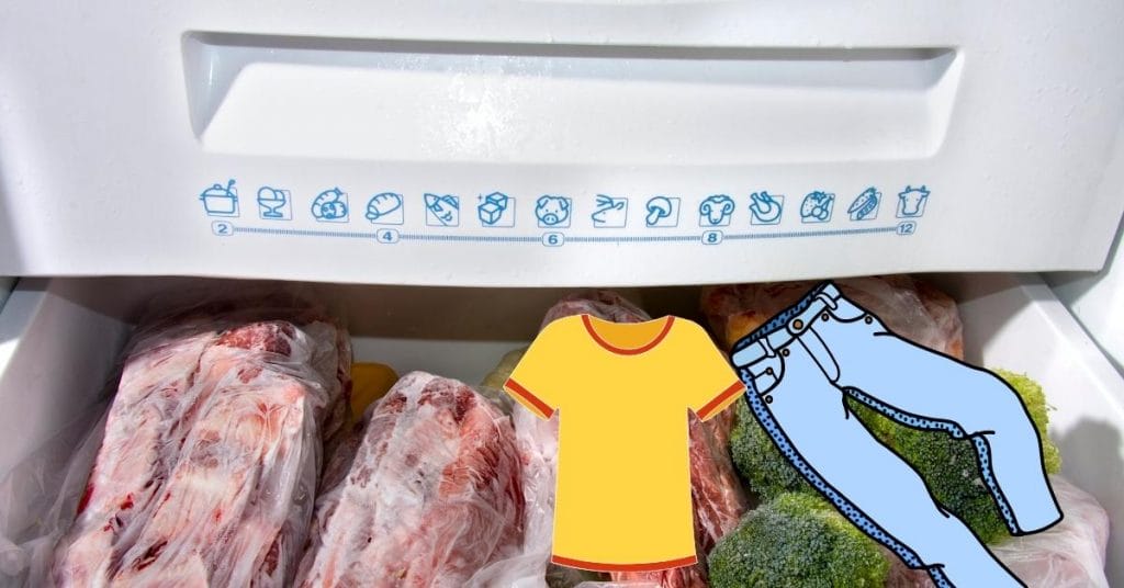 shirt and jeans in freezer drawer with meat and brocolli