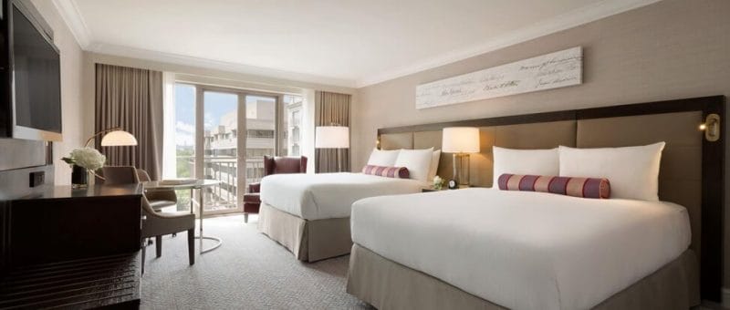 Double queen bed room at The Fairmont Hotel in Washington DC with small juliet balcony