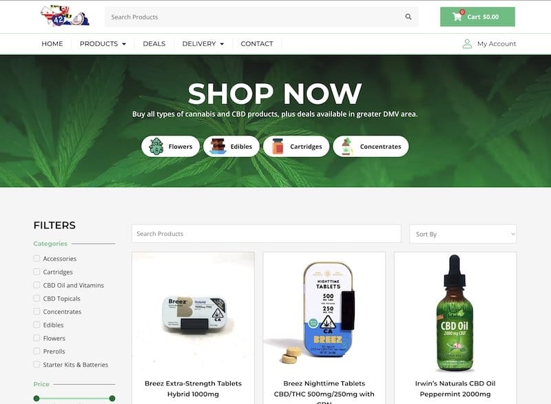 online shopping experience for DC weed delivery service screenshot