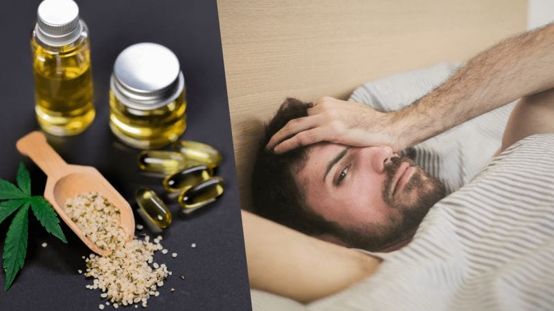 man in bed with bad headache from hangover and cannabis products on left of image