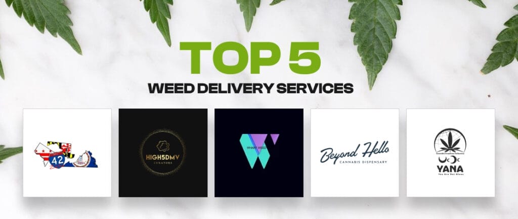 Logos of top 5 weed delivery services in Northern Virginia, including DMV 42 Zero and High5DMV.